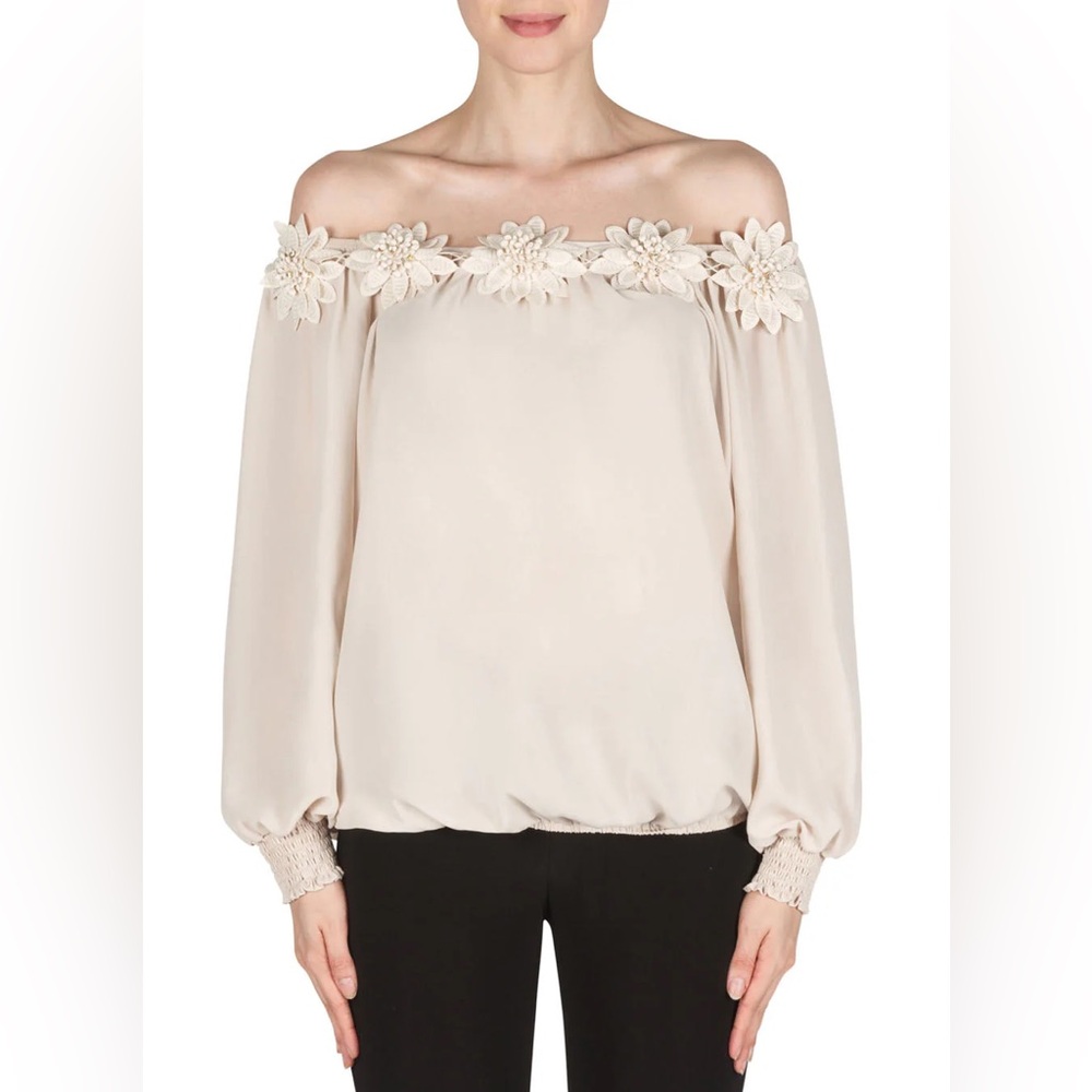 Joseph Ribkoff Champagne Off-Shoulder Floral Trim Blouse